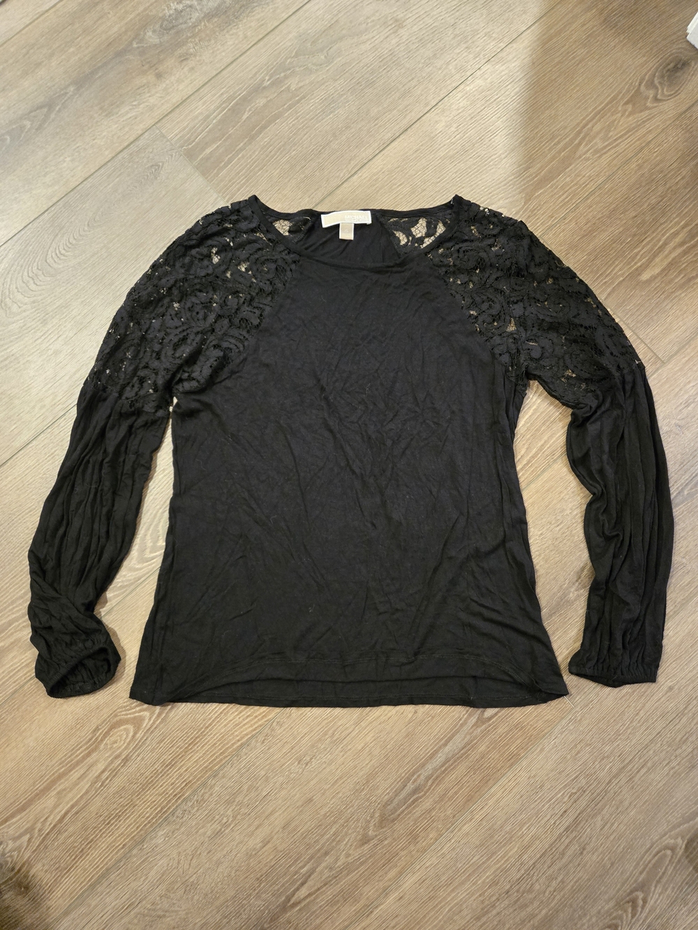 Michael Kors Black Long Sleeve Top with Lace Shoulders